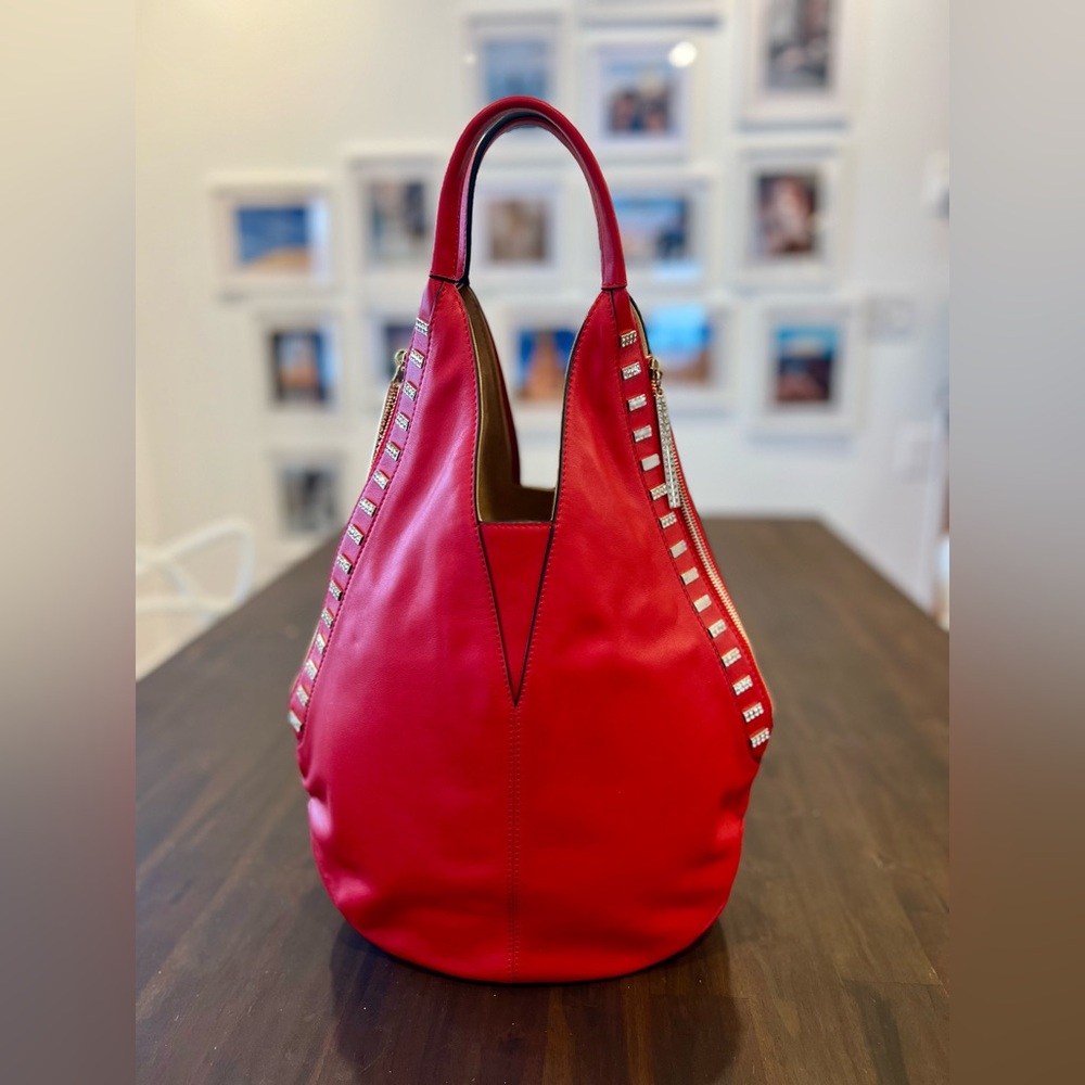 Red Leather Tote w Accent Zippers Crystals and Studs